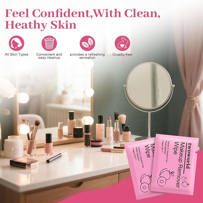 Makeup Remover Wipes Bulk Individually Wrapped,Travel Makeup Wipes Gentle for Face Cleansing Mascara Lipstick Travel Hotel（honey peach,pack of 100)