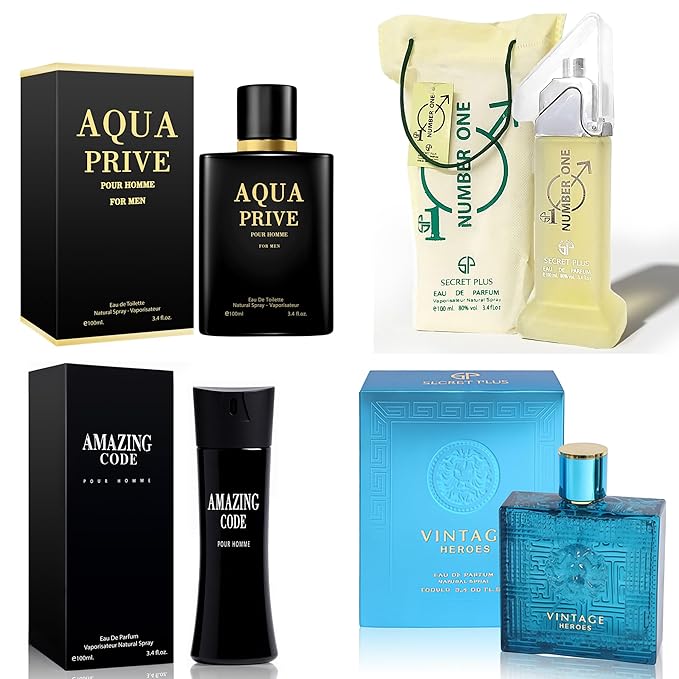 META-BOSEM Mens Cologne Set, Eau de Parfum, 4 Pack (3.4 oz / 100 mL Each), AQUA, Vintage Heros, Amazing Code, Number One, Blue Office Rotation, for clean workdays and polished evenings