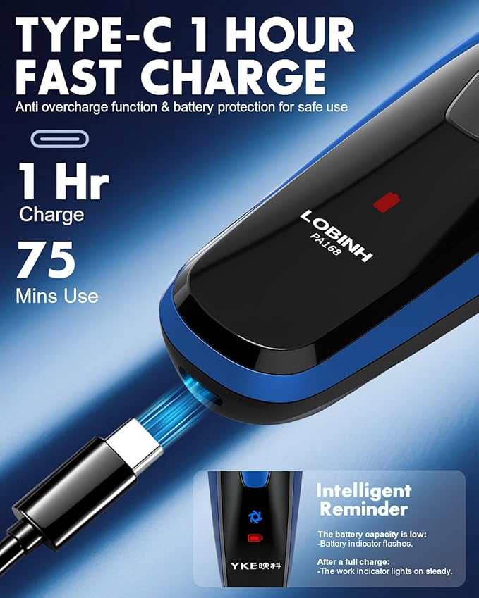 Electric Razor for Men with Pop-up Trimmer, 3D Floating Cordless Electric Shaver, Rechargeable Cordless Shavers for Men, Type-C, Long Runtime, Plug & Play, Blue