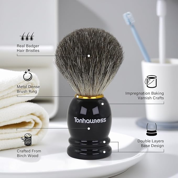 Shaving Brush Kit for Men, 3 in 1 Shave Brush Set Includes Pure Badger Hair Shaving Brushes, 3 Layers Stainless Steel Shaving Bowl and Stand Set for Wet Shave Gift
