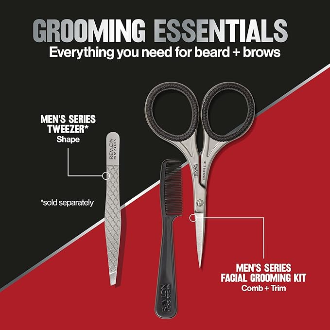 Revlon Men's Beard Grooming Kit, Mustache Trimming Scissors and Facial Hair Comb, Travel Essentials, Stainless Steel Blade, 1 pack
