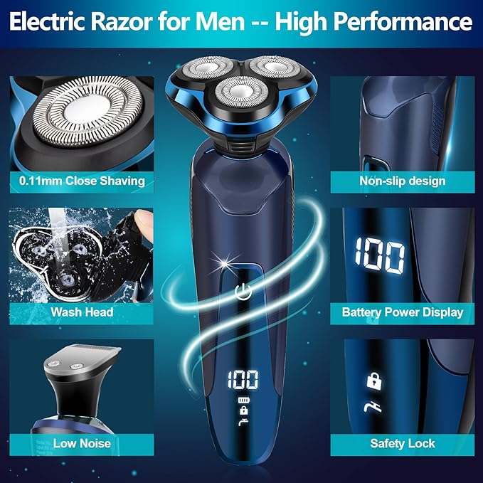 Electric Razor for Men, Electric Shavers for Men Face, Rechargeable 3D Rotary for Shaving with Nose Trimmer Face Cleaning Brush Head Shavers, Waterproof Gifts for Husband,Dad,Boyfriend(Frosted Blue)