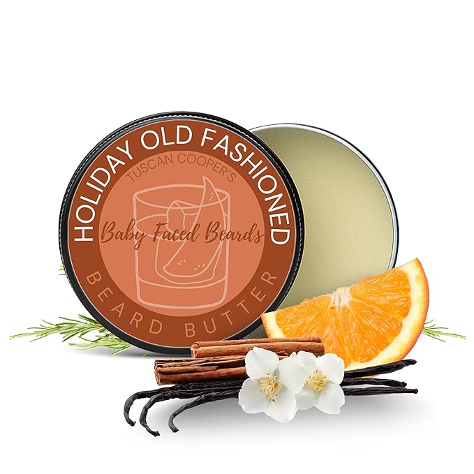 Tuscan Cooper's Baby Faced Beards Butter for Men - Moisturizing Beard Balm Cream and Softener for All Hair Types Including Coarse Hair - 4oz Hydration and Conditioning Care - Holiday Old Fashioned