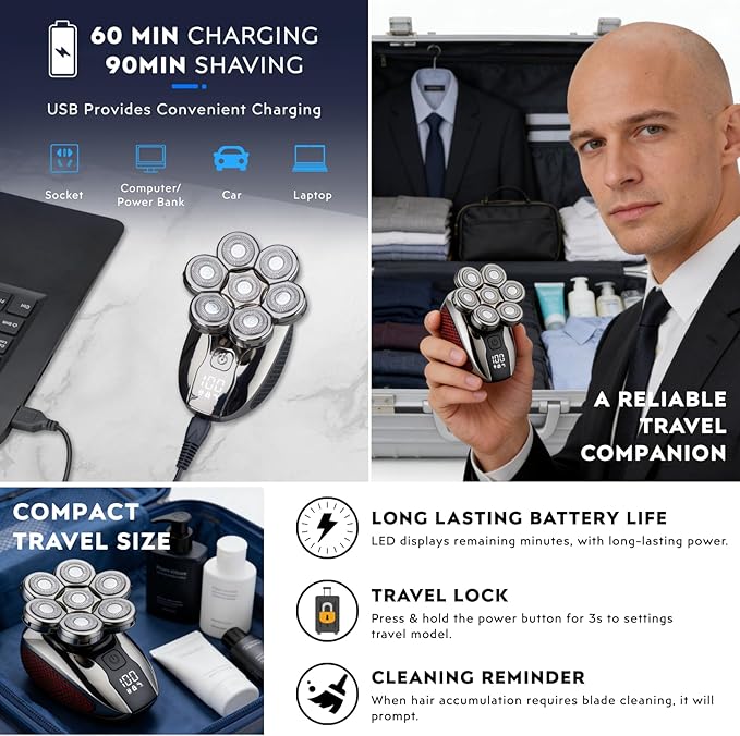 Head Shavers for Bald Men - 5-in-1 7D Floating Electric Bald Head Shavers for Men, IPX6 Waterproof Wet & Dry Use, LED Display Fast Rechargeable, Grooming Kit for Hair/Face/Beard