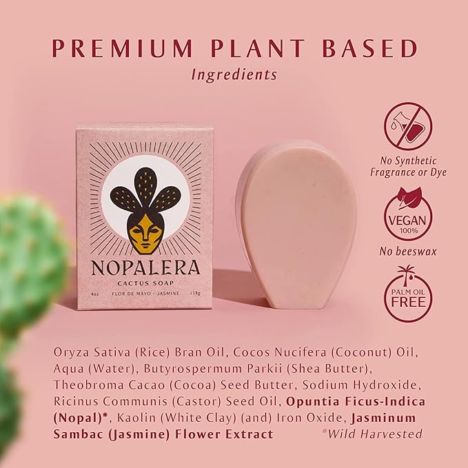 Nopalera Bar Soap, Jasmine Essential Oils - Natural Body and Face Cleanser, Moisturizing and Exfoliating, Soft Skin Care Made With Clean, Vegan Ingredients, 4 oz