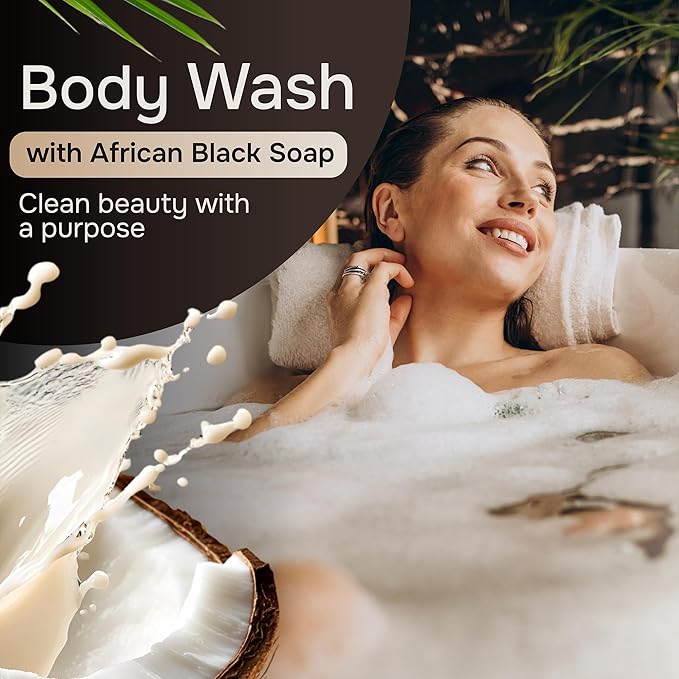 Natural Wunderz African Black Soap Body Wash, 12 oz – Sulfate‑Free, Vegan Cleanser with Shea Butter – Soothing, Detoxifying Shower Gel for Men & Women