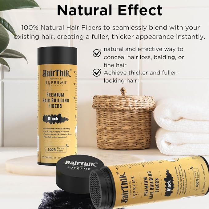 Supreme Trimmer Hair Building Fibers - Instantly Fill in Fine or Thinning Hair for Thicker, Natural, Fuller-Looking Hair for Men & Women – Hair Thinning & Balding Solution | Black, 55 Grams