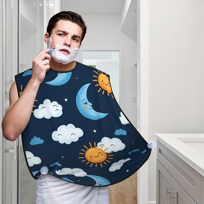 Adjustable Non-Stick Beard Apron, Hair Catcher Cape for Shaving Grooming, Waterproof with Suction Cups Men, Blue Sky Camo Boho Sun Moon Shave Bib
