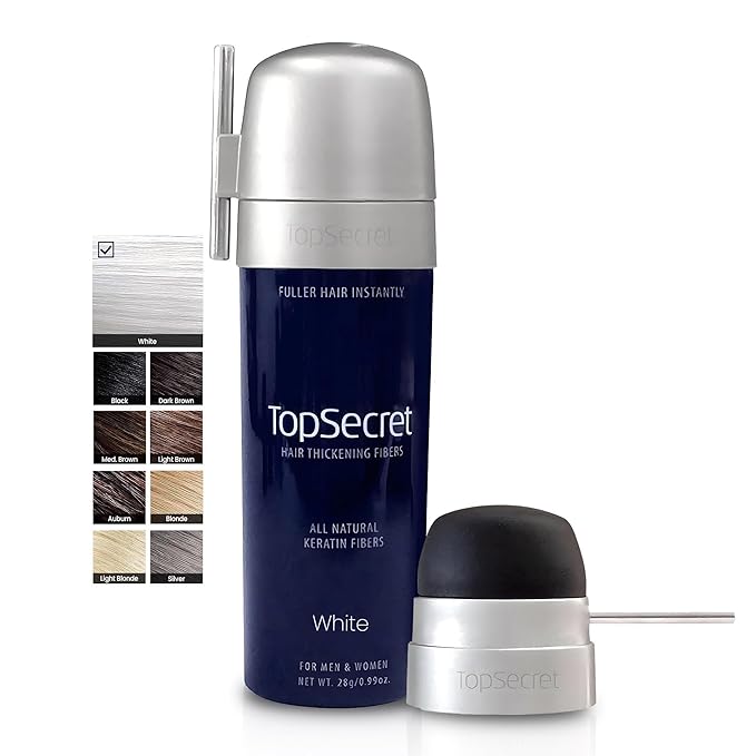 Top Secret Hair Thickening Building Fibers Applicator Included - Undetectable & Natural Hair Filler - for Men & Women - Instantly Fill In Fine Thinning Hair - Weather & Sweat Resistant (White, Large)