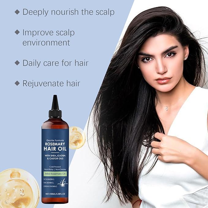 100ml Rosemary Hair Growth Oil - Scalp Care & Hair Repair Treatment with Jojoba & Castor Oils for Dry, Damaged Hair - Reduces Split Ends & Frizz