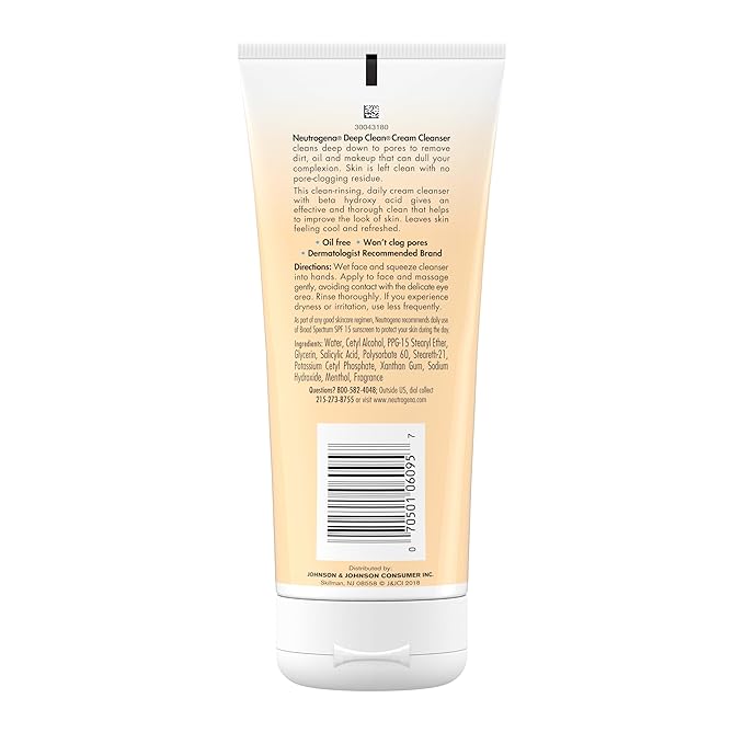 Neutrogena Deep Clean Daily Facial Cream Cleanser with Beta Hydroxy Acid to Remove Dirt, Oil & Makeup, Alcohol-Free, Oil-Free & Non-Comedogenic, 7 fl. oz