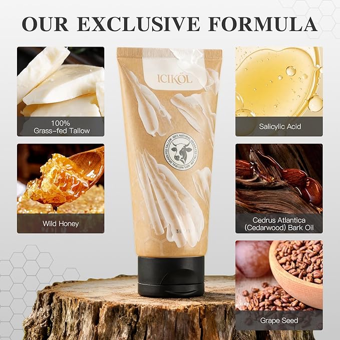 Organic Beef Tallow Honey Balm, Whipped Moisturizer for Face and Body, Grass-Fed Beef Tallow for Men, Cedarwood Scent, Natural Skin Nourishing Cream, Christmas Gifts Under 10 Dollars, 5.3 oz