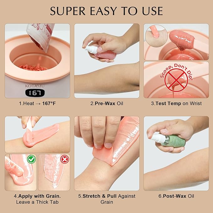 KOTAMU Waxing Kit for Women & Men, Wax Warmer for Hair Removal, Digital Wax Kit with Silicone Pot，Ideal for Face Eyebrow Arm Legs Armpit &Sensitive Skin, Pink Waxing Machine for Home Salon Use