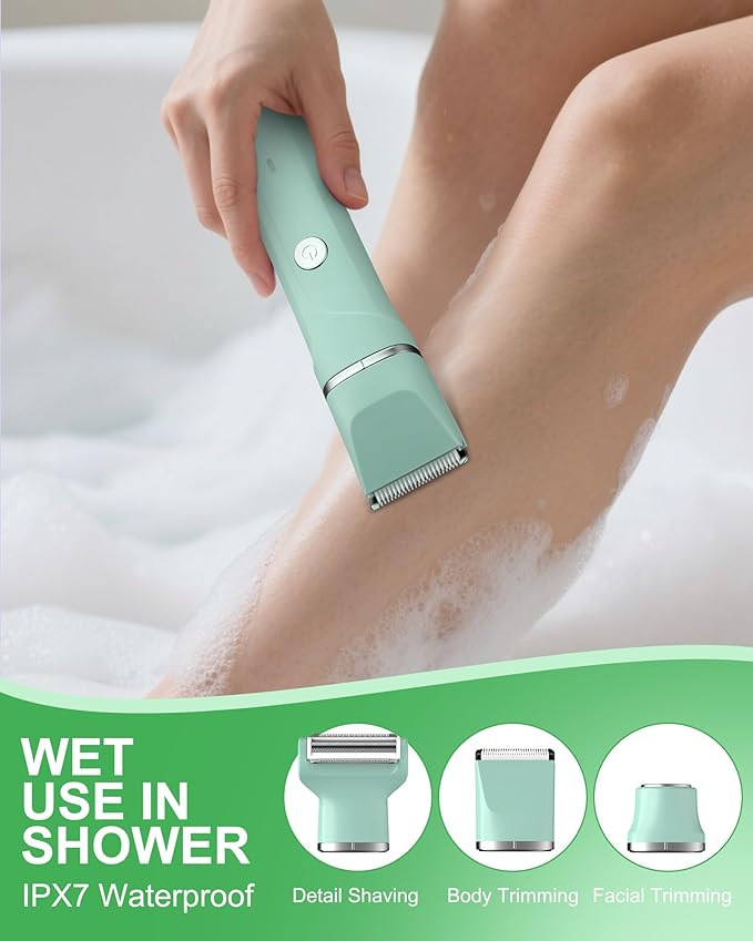 AREYZIN Bikini Trimmer for Women, 3-in-1 Electric Shaver for Women, Electric Razors and Body Shaver, IPX7 Waterproof, USB-C Charging, Travel Trimmer for Face, Legs, Bikini Line & Foil, Light Green