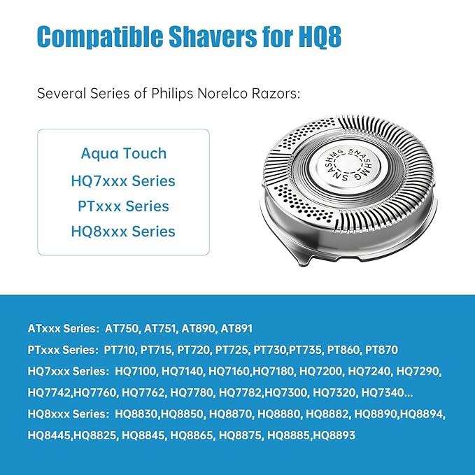 3 PCS HQ8 Replacement Heads Compatible with Philips Norelco Aquatec Replacement Blades HQ8 Electric Shaver Razors for PT720 PT730 AT810 AT815 AT830 AT880