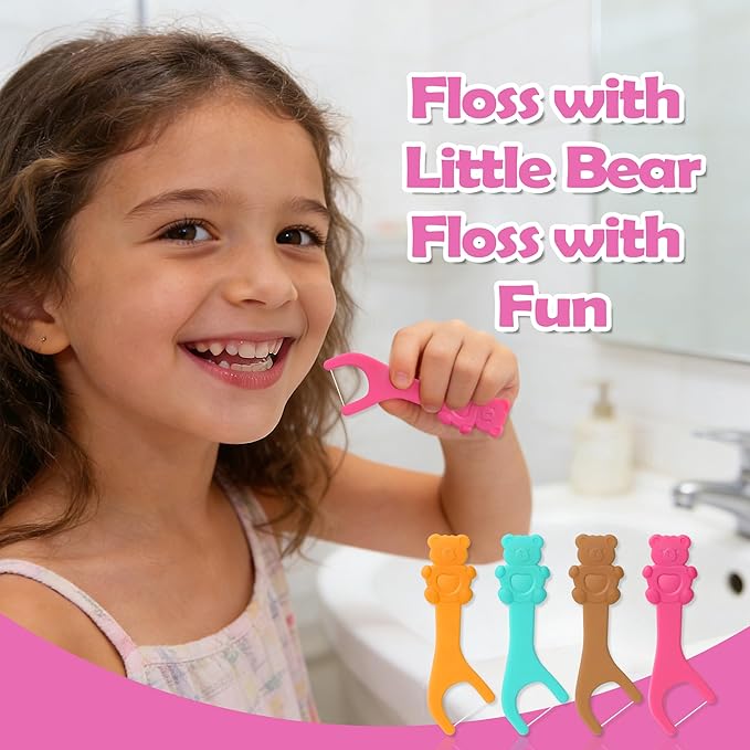Kids Flossers 200ct, Dental Kids Floss Picks, Biodegradable Heart Bear Flossers, Fluoride & PFA Free, Gifts for Toddlers Teeth, Flossing Sticks for Kids, No Shred Thread, Strawberry Flavored