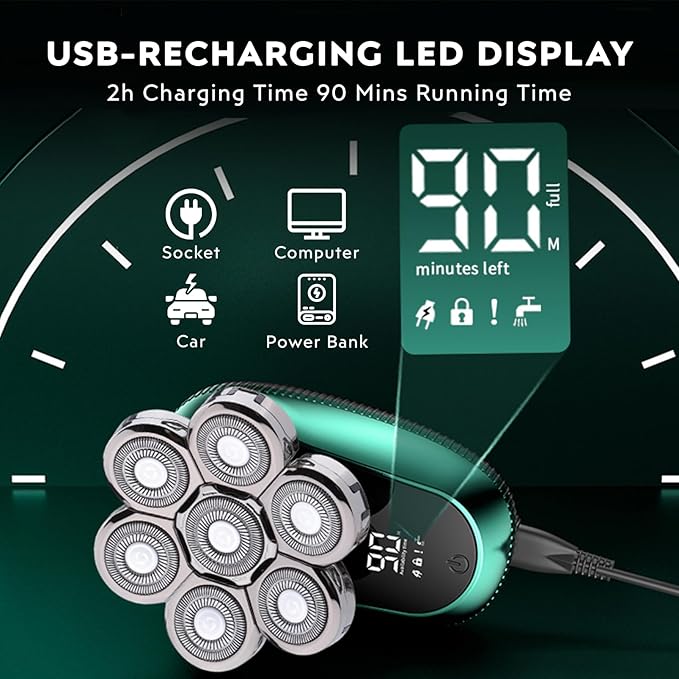 Head Shavers for Bald Men, 6-in-1 Detachable Electric Head Shaver Grooming Kit, 7D Floating Wet & Dry Rotary Shavers, Waterproof, LED Display, Cordless, USB Fast Charging for Hair/Face/Beard
