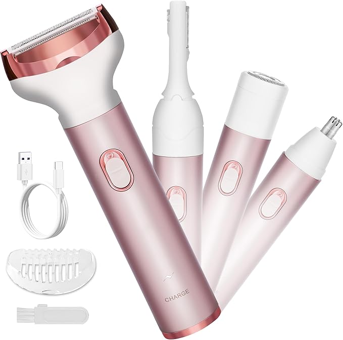 Electric Razor for Women Removal MKIOVH Women's Cordless Portable 4 in 1 Painless Shaver, for Body Face Shavers Nose Hair Trimmer Bikini Area Armpit Pubic Underarms Legs Eyebrow