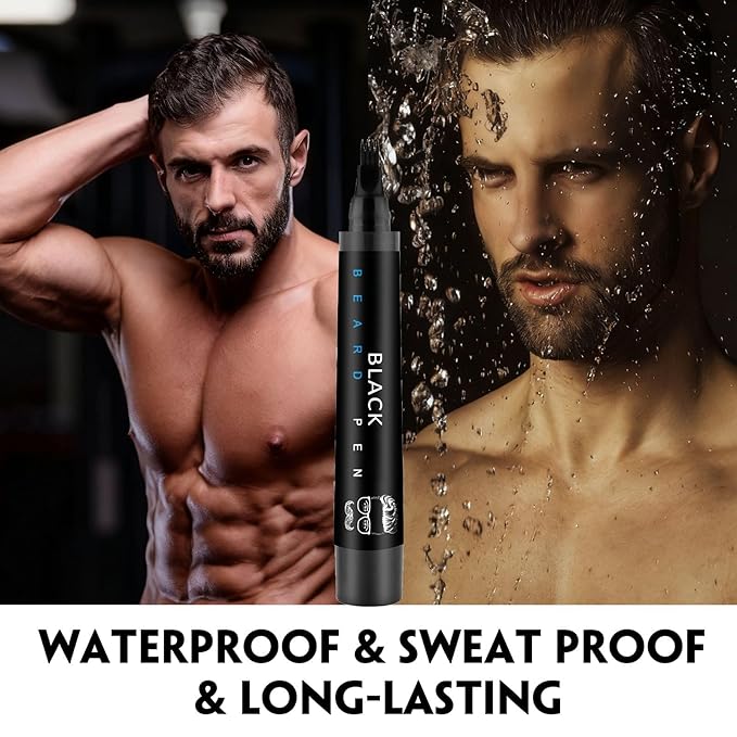 Beard Pencil Filler for Men Black - Beard Pen with Beard Brush Waterproof, Barber Pencil Long-Lasting Mens Grooming Kits Create Natural Beard Color Gifts for Men, Mens Gifts Ideas (Deep Black)