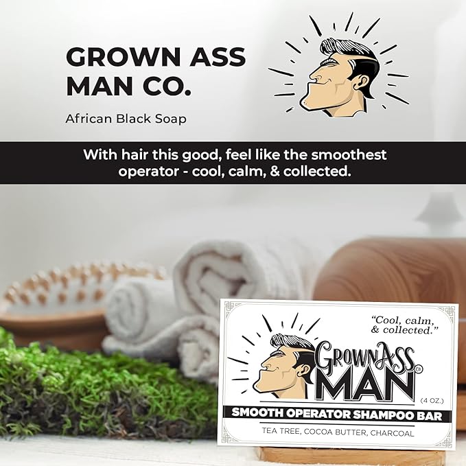 Grown Ass Man Co. - Solid Shampoo Bar Rich Lather 3 in 1: Hair, Beard & Body Wash - Plastic Free & Eco-Friendly, Natural & Organic Clean for All Hair Types, 4oz Bar (Smooth Operator, 3-Pack)