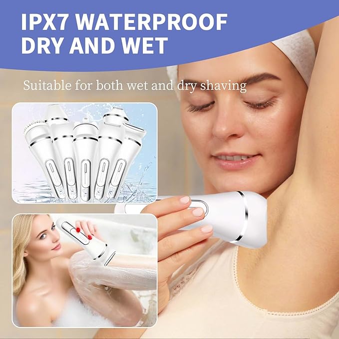 7-in-1 Bikini Trimmer for Women - Painless Electric Razors for Silk Skin, Body Hair Trimmer for Face Legs Underarms, Waterproof Wet & Dry Rechargeable Lady Shaver with USB Dock, IPX7, White