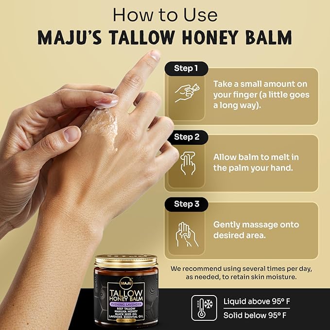 MAJU Tallow Honey Balm, Evening Lavender (2 oz), Grass Fed Beef Tallow for Skin with Organic Black Seed Oil, Manuka Honey and Organic Beeswax, Skin and Face Moisturizer for Deep Hydration
