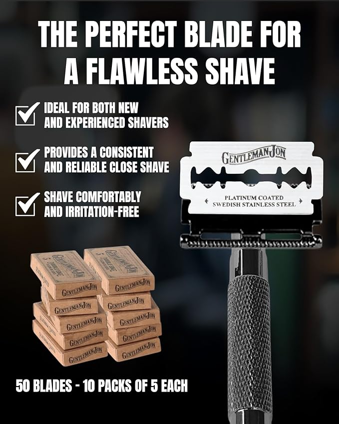 Gentleman Jon 50-Pack Platinum Double Edge Razor Blades - Premium Swedish Stainless Steel Safety Razor Blades - Platinum Coated Blade For Smooth and Comfortable Shaves - Fits Most Men's Safety Razors