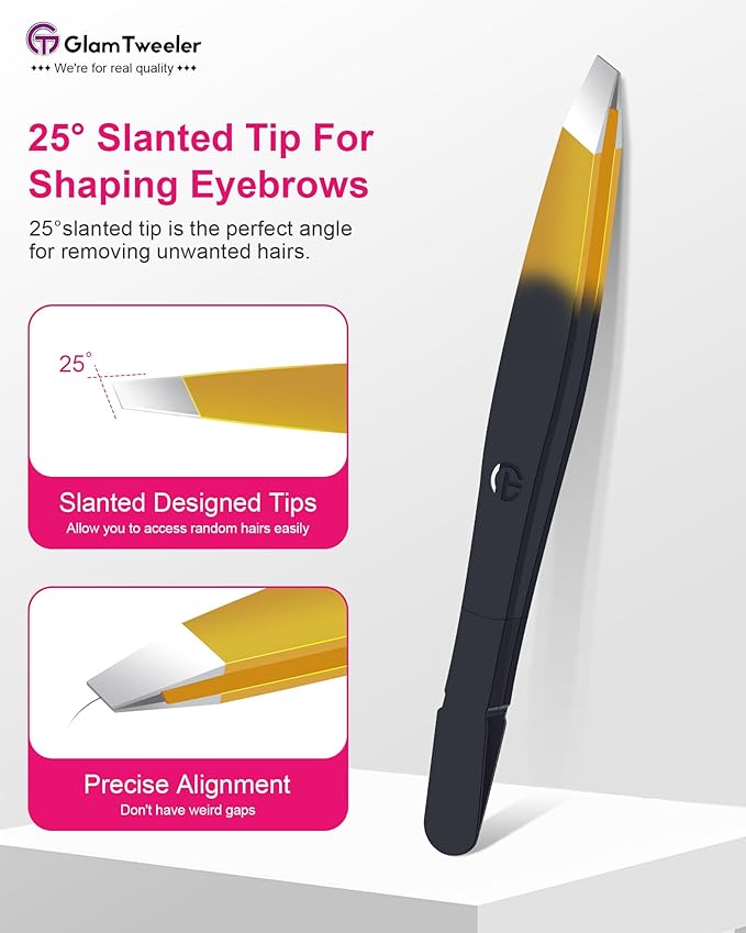 G-01 Exclusive Slant Tip Tweezers, GlamTweeler High Precison Expert Eyebrow and Facial Hair Removal Tweezer with Leather Storage & Carrying Case (Black & Gold)