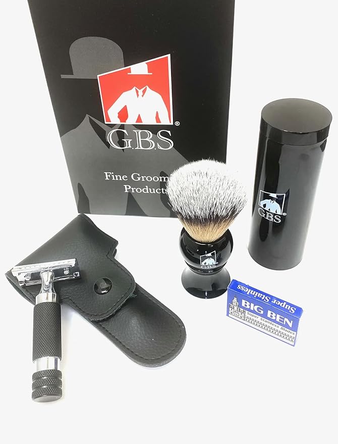 G.B.S Black Travel Shaving Brush, 4 Piece Travel Double Edge Safety Razor, and Leather Razor Case, Daily Beard Care, 10 pack of blades Snap Lock Prevent Razor Bumps