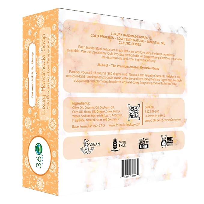 360Feel Oatmeal Milk and Honey Bar Soap - Made in the USA - Castile Handmade, All Natural Cold Processed - Infused with Oatmeal Milk and Honey - SLS-Free - Moisturizing Lather - (5oz)