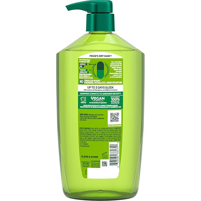 Garnier Fructis Sleek & Shine Shampoo, Smoothing Shampoo for Frizzy, Dry Hair with Argan Oil and Vegan Keratin, 33.8 Fl Oz (Packaging May Vary)