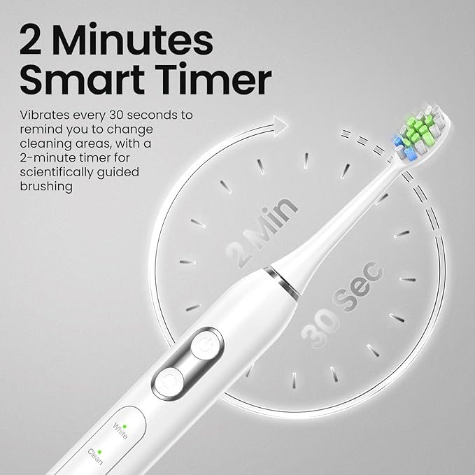 YUNCHI Electric Toothbrush for Adults and Kids, Rechargeable Sonic Electric Tooth Brush with 8 Brush Heads, 90 Days, 5 Models & 2 Minutes Smart Timer, Travel Case, 44000 VPM Motor, White