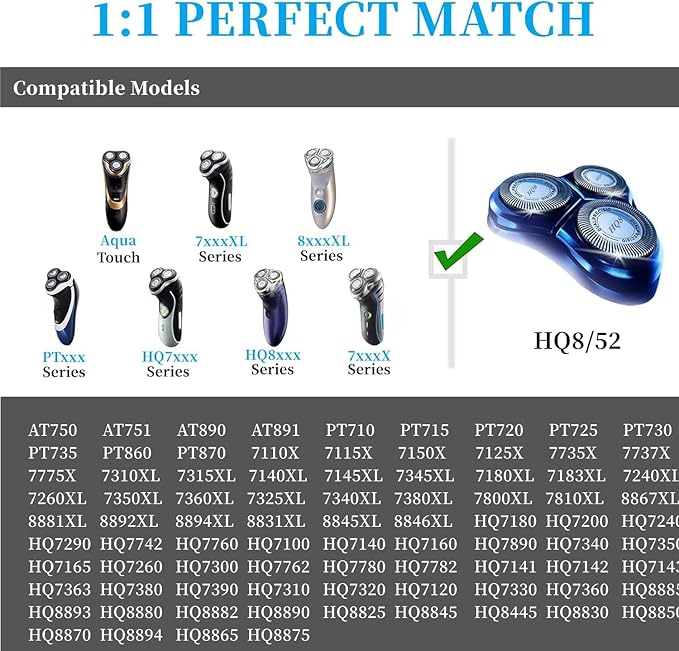 HQ8 Replacement Heads for Philips Norelco Aquatec Shavers PT720 PT730 AT810 AT815 AT830 AT880,HQ8 Blades,6pcs.