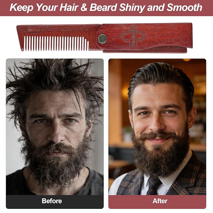2 In 1 Folding Pocket Comb - Wooden Beard & Hair Styling Tool for Men, Fine Tooth & Wide Tooth Small Comb for Grooming Hair, Beards and Mustache, 180° Rotatable for Outdoor Travel & Home Use
