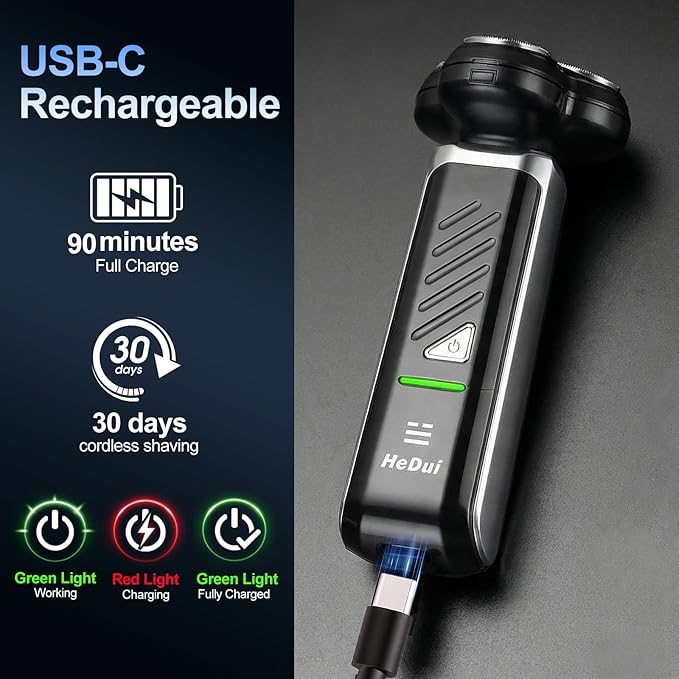 2-Pack Electric Rotary Shavers for Men 3D Floating Head Rotary Razor USB-C Rechargeable Easy Clean Magnetic Head Ideal Gift for Dad Husband Travel Razor for Men