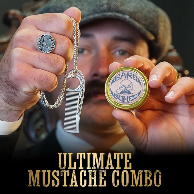 Mustache Wax Medium Hold Bare Bones 1 oz Tin & Necklace Death Grip Mustache Comb Mens Combo Kit - Grooming For Men Handlebar Moustache