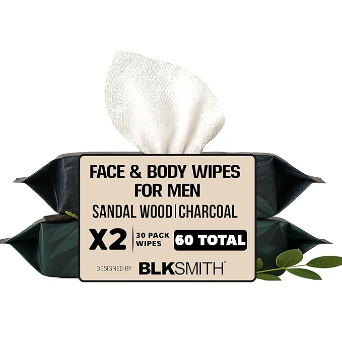 BLKSMITH Face & Body Wipes for Men - Travel Essentials With Activated Charcoal & Menthol Eucalyptus - Total 60 - Ideal Cool Gifts for Men 30x2 - Body Wipes Ideal for Gym, Office, or Outdoors, 2 Pack