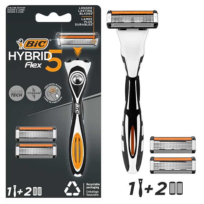 BIC Hybrid 5 Flex Refillable Men's Razor Kit, Handle and Nano-Tech Titanium 5-Blade Refills - Box of 1+2