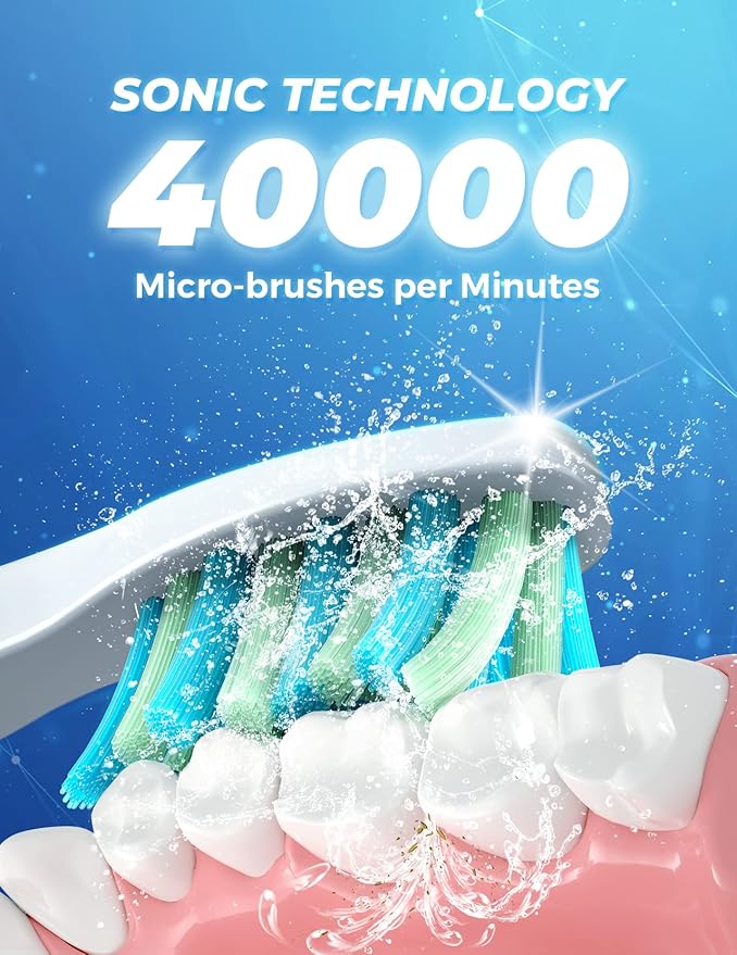 TEETHEORY Electric Toothbrush with Travel Case, Sonic Toothbrush for Adults with 8 Brush Heads for 2-Year Use, 40000 VPM Deep Clean Rechargeable Toothbrushes Last 30 Days with 5 Modes White
