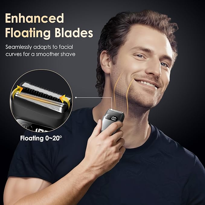 Electric Razor for Men, Foil Shaver and Beard Trimmer for Dry and Wet,Battery LED Display USB-C Fast Charge, IPX7 Waterproof Portable Travel Shaver
