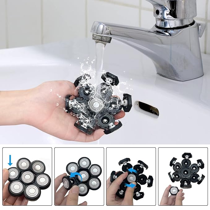 Electric Shaver Replacement Heads 7D - 7 Replacement Blades Head Razor Heads Universal Stainless Steel Rotary Blade for Bald Head Razor for Men (7 Heads Black)