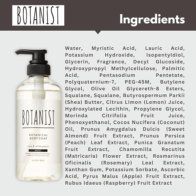 Botanist Dry Skin Body Wash for Women & Men, Hypoallergenic Body Wash with Shea Butter, Aloe Vera& Squalane, Gentle BODY WASH & Shower Gel from Japan MOIST 16.5 Fl Oz ROSE & WHITE PEACH 3EA