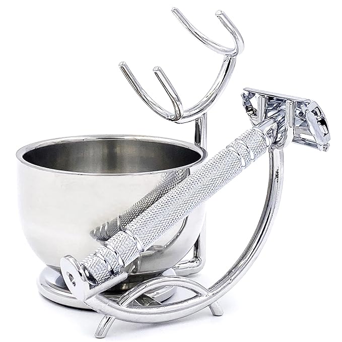 SANWA Grooming Shaving Kit for Men,Shaving Razor and Brush Stand with Stainless Steel Shaving Soap Bowl