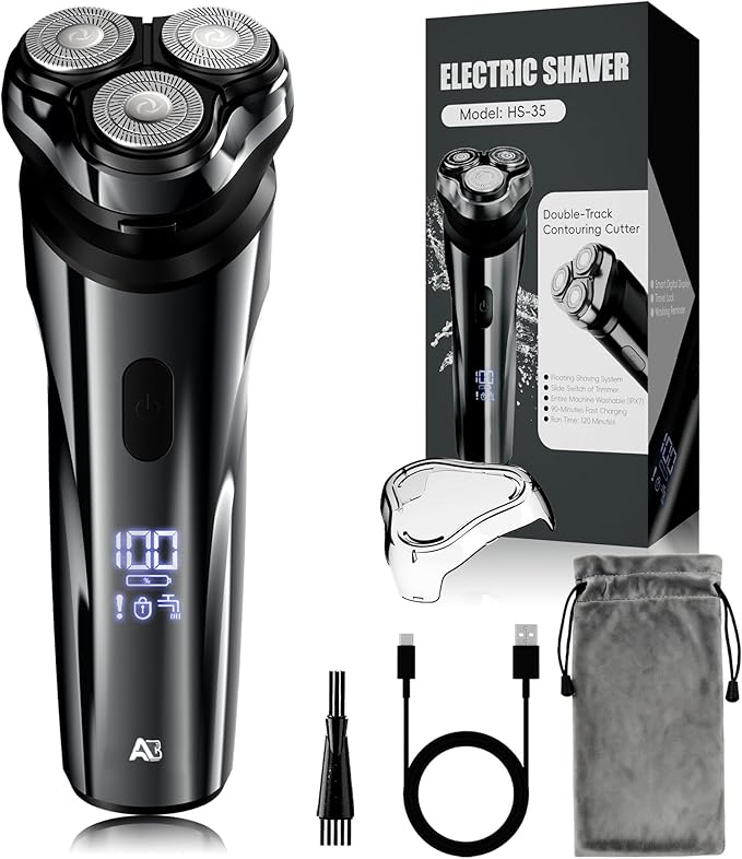 Electric Rechargeable Shaver for Men,Wet & Dry Electric Razor, IPX7 Waterproof Rotary Shaver for Men,4D Floating Head, LED Display,Type-C, Travel-Friendly,Grayish Silver