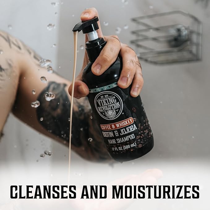 Viking Revolution Coffee Whiskey Mens Shampoo and Conditioner Set with Biotin and Jojoba Oil - Natural Hair Shampoo and Hair Conditioner for Men with Vitamin B5- Shampoo and Conditioner Set Men (17Oz)