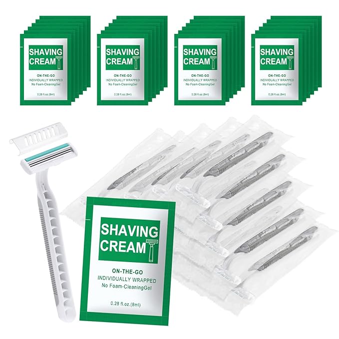Disposable Razors Bulk - Pack of 100,Individually Wrapped Grey 3 Blade Razors with 8 ml/0.28 fl oz Packet Shaving Cream and Clear Cap for Homeless,Hotel,Shelter,Travel