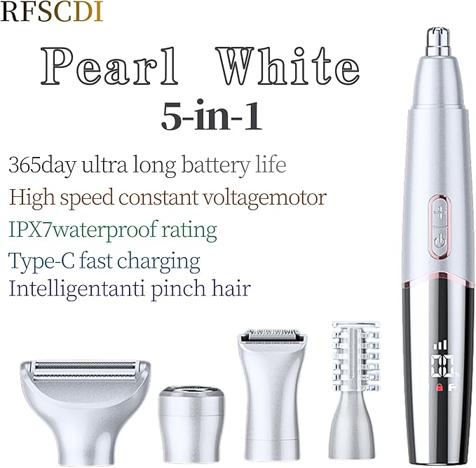 5-in-1 Rechargeable Nose & Ear Hair Trimmer - IPX7 Waterproof Dual Edge Grooming Kit for Men & Women, Perfect for Hair Removal of Nose, Eyebrows, Beard, Bikini, and Facial Hair (White)