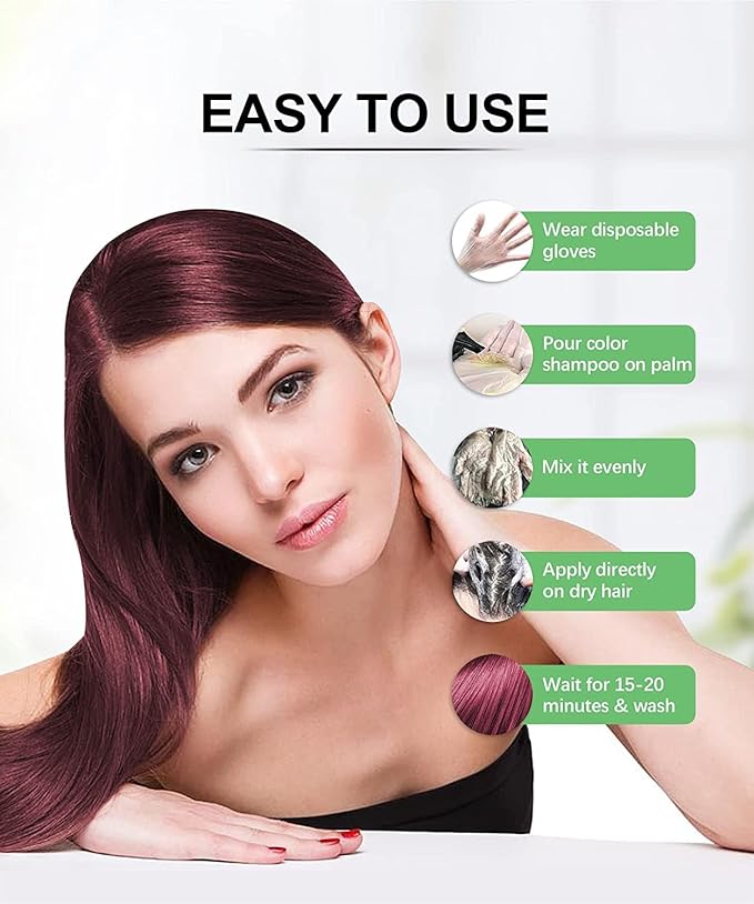 Herbishh Hair Color Shampoo - Magic Dye for Gray Hair, Long Lasting Color in Minutes, 3-In-1, Ammonia-Free, 500 Ml (Wine Red)