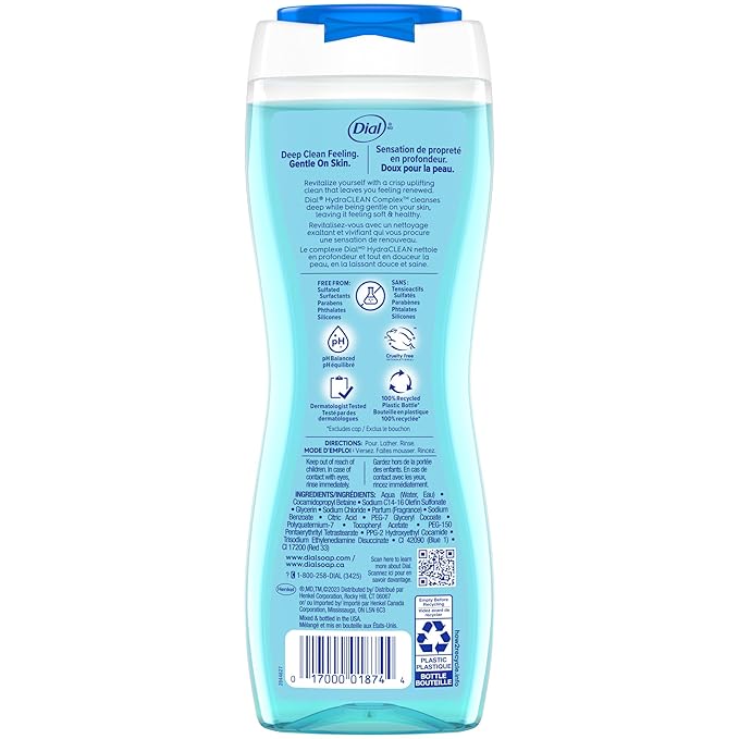 Dial Body Wash,Refresh & Renew Spring Water,16 Fl Oz,Hydraclean Complex & Vitamin E,Gentle,Leaves Skin Feeling Nourished,Dermatologist-Tested,No Parabens-& Sulfates,(Pack of 8)