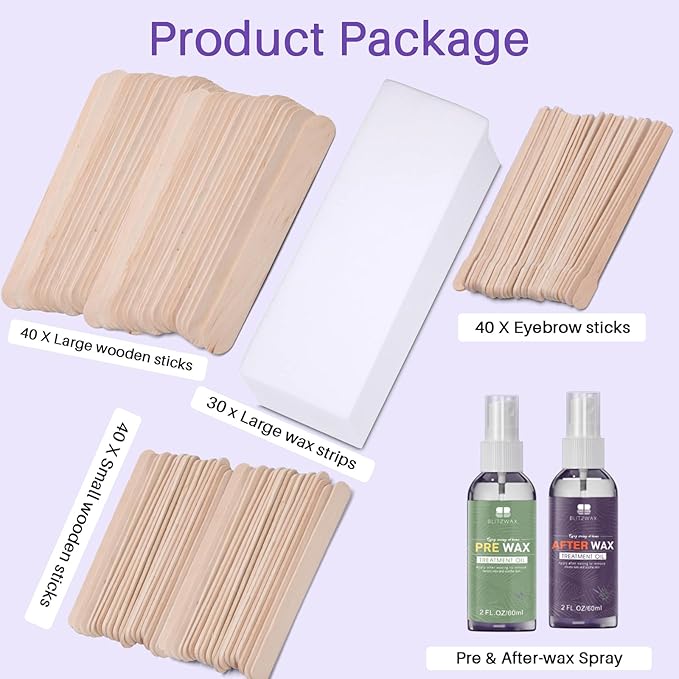 BLITZWAX 120pcs Wooden Waxing Sticks Kit for Hard Wax Hair Removal, Eyebrow Large and Small Applicators for Face, Body, and Lip, with 30 Wax Papers and Oils, Ideal for Women’s At-Home Waxing